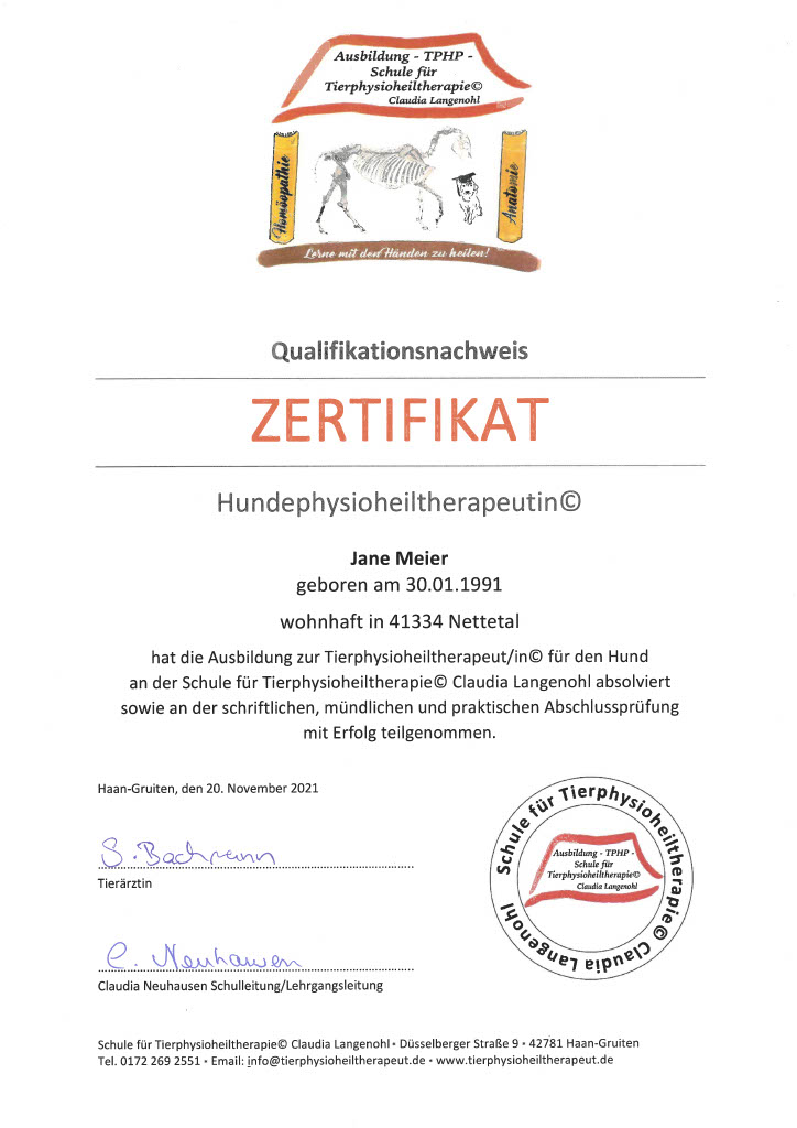 Zertifikat Hundephysiotherapie
