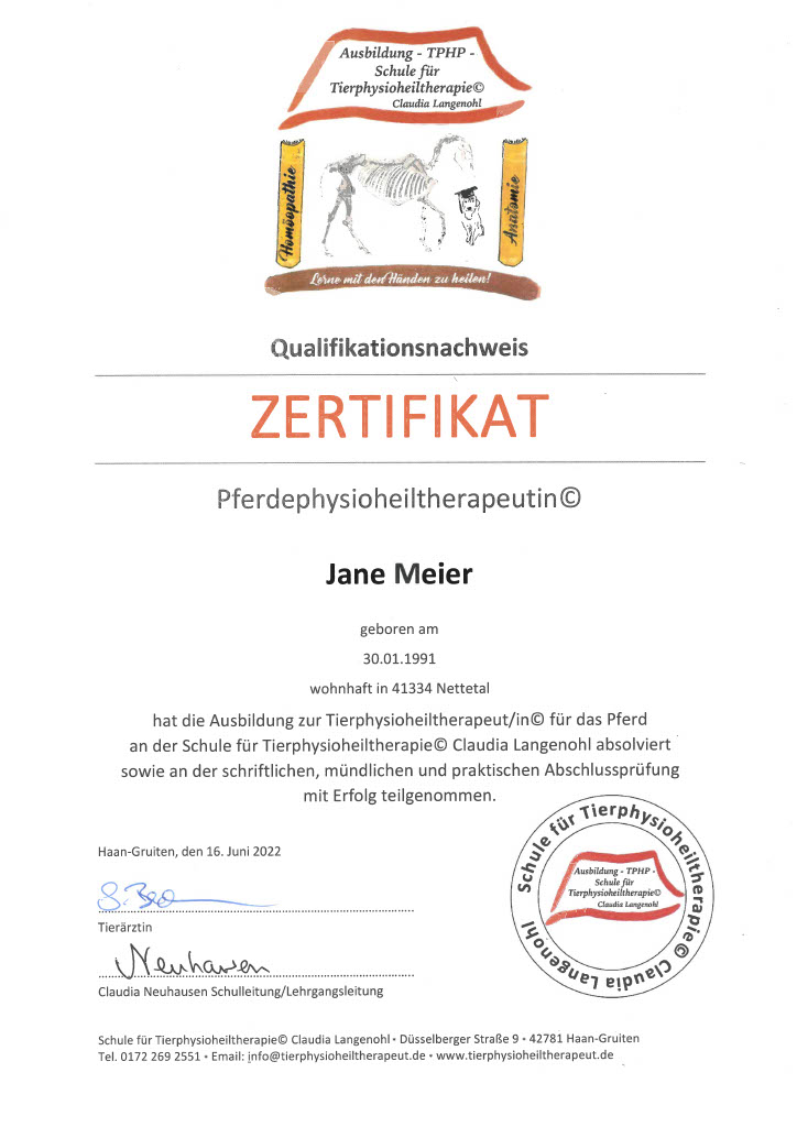Zertifikat Pferdephysiotherapie